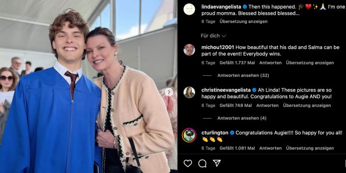 Linda Evangelista zeigt sich stolz mit ihrem Sohn Augustin James bei dessen Abchlussfeier. linda evangelista