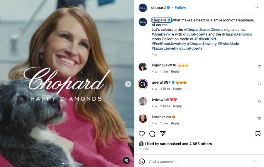 Julia Roberts Happy Diamonds Werbung Instagram, Chopard.