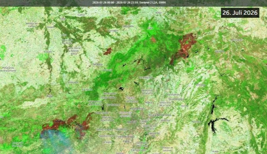 ...und ein Kurzwelleninfrafrot-Bild danach. Die braun-roten Flächen zeigen mehrere Brände in der Nähe von Madrid.