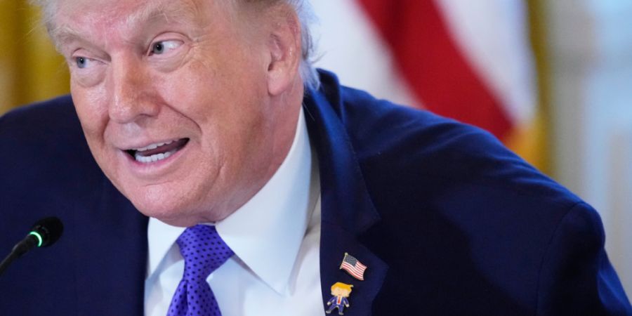 US-Präsident Donald Trump trägt ein Geschenk, das er «Happy Trump»-Anstecknadel nennt, während eines Treffens mit Ölmanagern im East Room des Weißen Hauses. Foto: Alex Brandon/AP/dpa