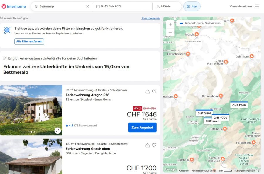 Sucht man aktuell für den Februar 2027 nach einer Wohnung für vier Personen auf der Bettmeralp, ist das Angebot mehr als dürftig.