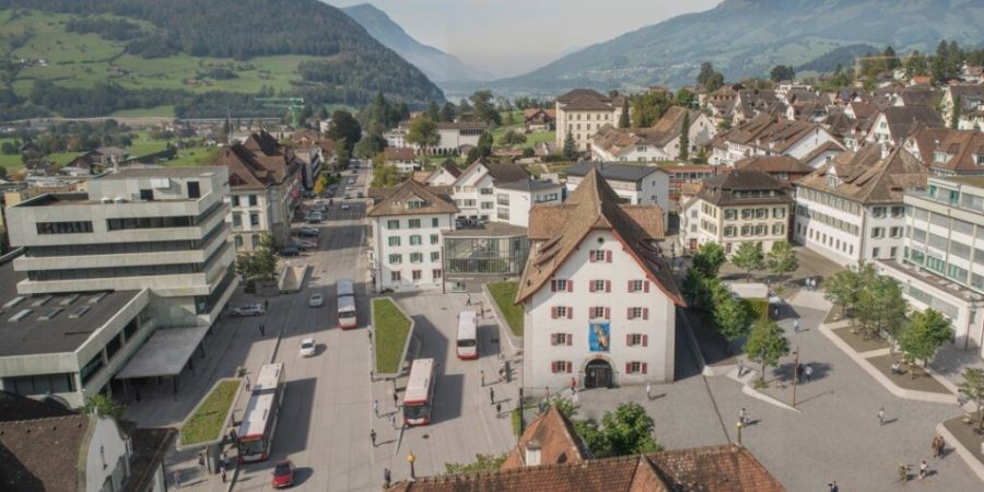 Der neue Bushof und die sanierte Hofmatt in einer Visualisierung aus der Vogelperspektive.