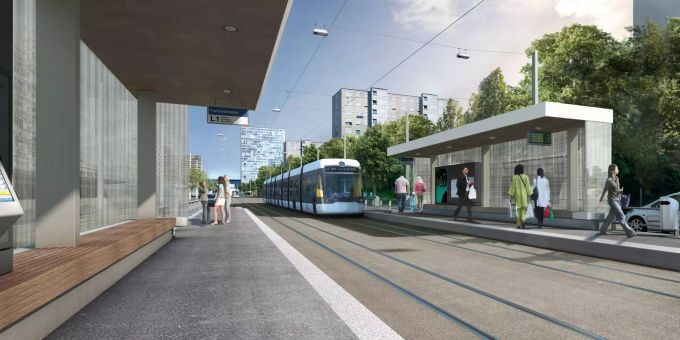 Visualisierung Limmattalbahn an der Spreitenbacher Furttalstrasse. limmattalbahn