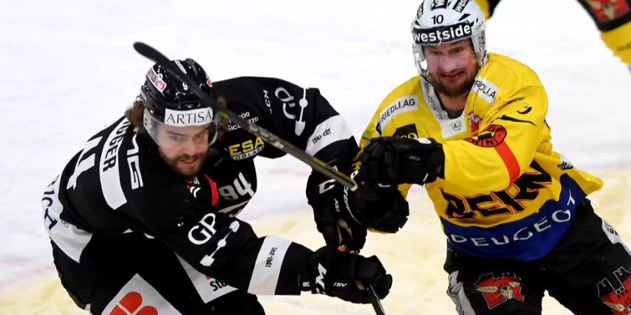 Tristan Scherwey (SCB) im Duell mit Luganos Sandro Zangger.