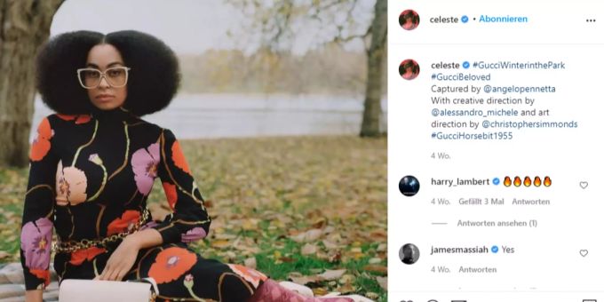 Celeste posiert in einem Outfit von Gucci. celeste