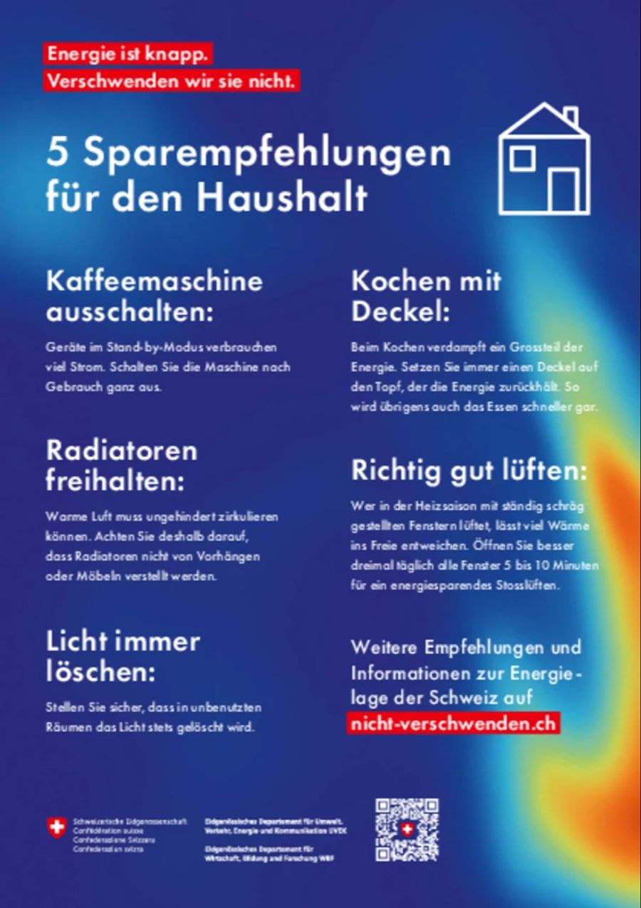 Mit diesen fünf Sparempfehlungen für den Haushalt will der Bundesrat die Bevölkerung zum Energiesparen sensibilisieren.