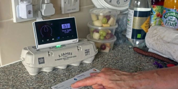 Kundin vor intelligentem Stromzähler in London Kundin vor intelligentem Stromzähler in London