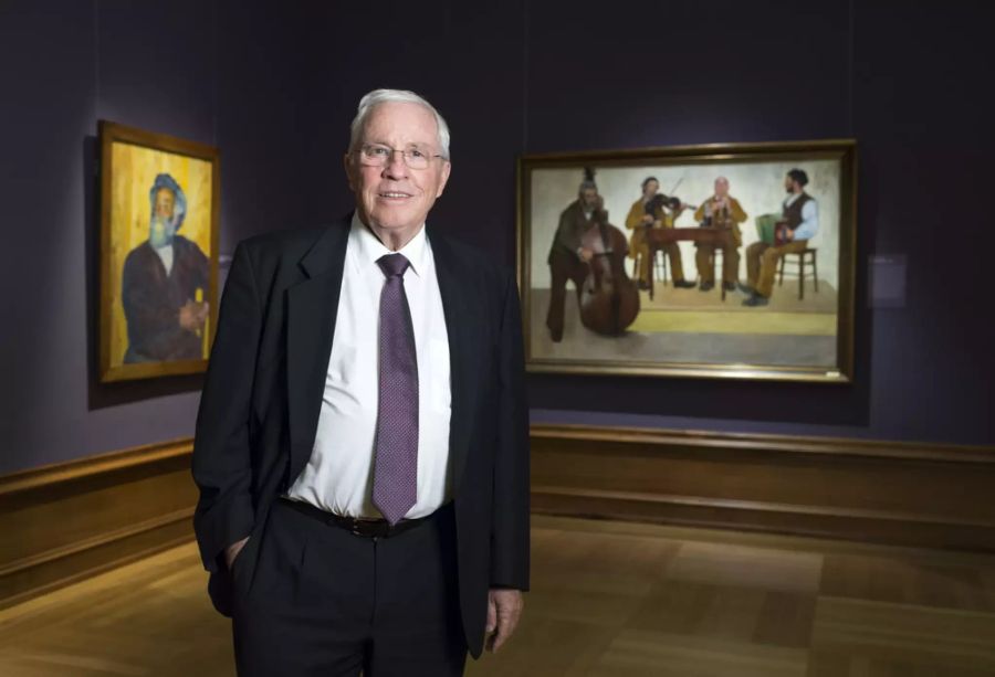 Christoph Blocher präsentiert Werke seiner Kunstsammlung von Giovanni Giacometti und Max Buri anlässlich seiner Ausstellung «Hodler, Anker, Giacometti - Meisterwerke der Sammlung Christoph Blocher» im Museum Oskar Reinhart in Winterthur 2015.