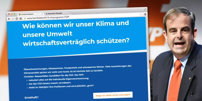 Die Kampagne der CVP vergleicht Positionen einzelner Kandidaten mit der CVP-Position. Hier am Beispiel von FDP-Nationalrat Christian Wasserfallen. cvp