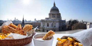Fish and Chips Vordergrund London Hintergrund