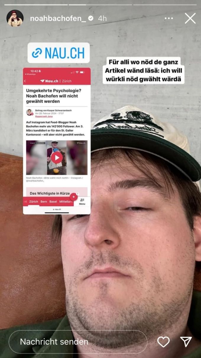 Food-Influencer Noah Bachofen würde sich freuen, wenn er mehr Leute an die Urne bringt – gewählt werden wolle er aber «wirklich nicht». Noah Bachofen Influencer Kantonsrat