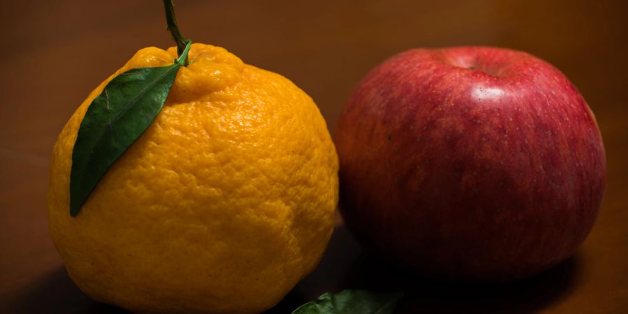 Die Dekopon Citrus im Grössenvergleich mit einem handelsüblichen Apfel.