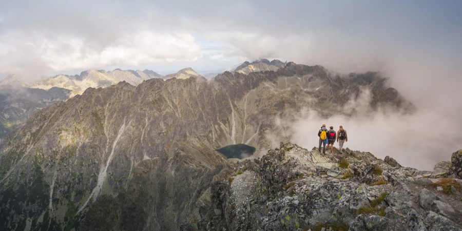 Bergsteigergruppe im Nebel auf Gipfel.