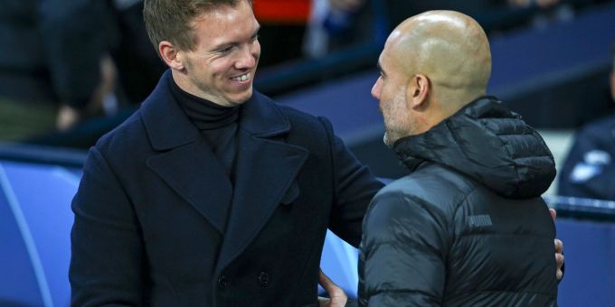Bayerns Trainer Julian Nagelsmann (l) und Manchester Citys Trainer Pep Guardiola im Gespräch. Bayerns Trainer Julian Nagelsmann (l) und Manchester Citys Trainer Pep Guardiola im Gespräch.