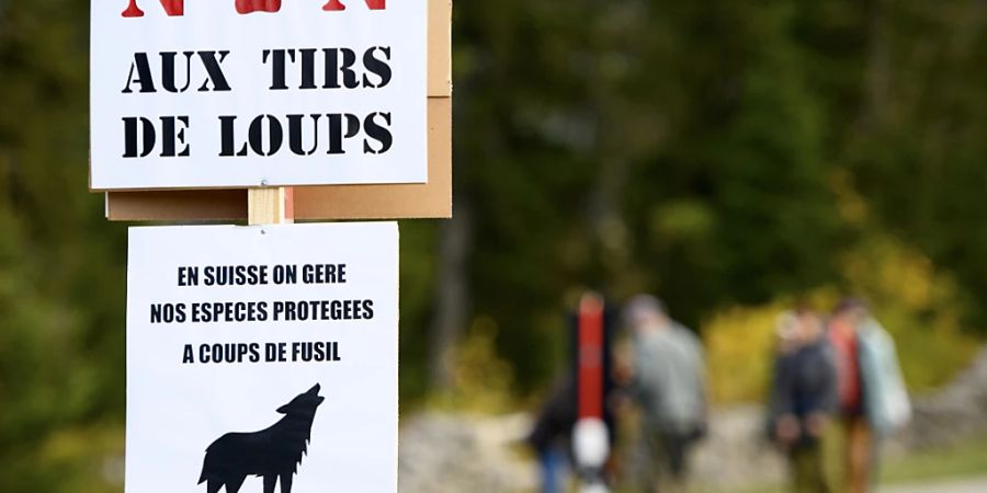 Drei Jungwölfe des Marchairuz-Rudels im Kanton Waadt sollen geschossen werden. Im Bild ein Plakat bei einer Demonstration gegen Wolfabschüsse in Le Chenit VD vor einem Jahr. (Archivbild)