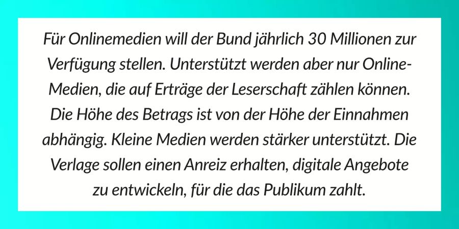 Die Eckwerte des bundesrätlichen Vorschlags für die Medienförderung. Das Parlament muss den Entwurf absegnen.