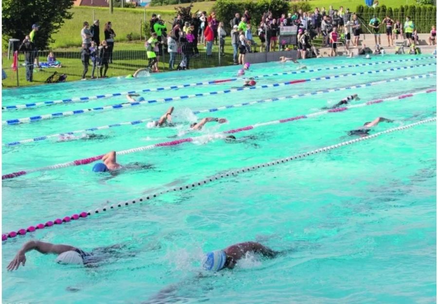 Der Berner Triathlon 2018 in vollem Gang: Reger Betrieb auf der Schwimmstrecke. Foto: Silvia Rohrbach