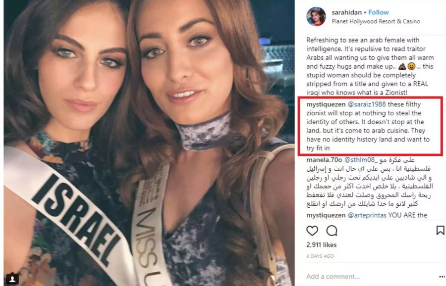 Auf Instagram wird Miss Israel teilweise als Zionistin beschimpft.