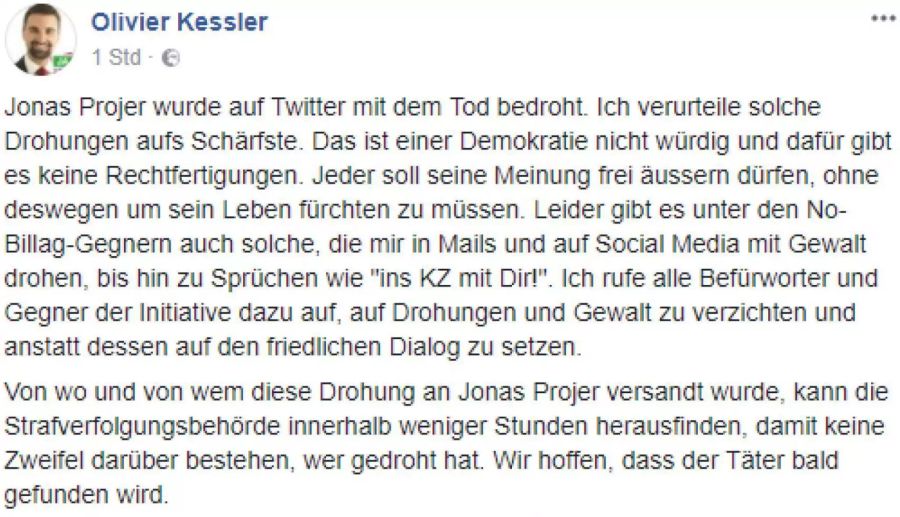 Mit diesem Post auf Facebook ruft Olivier Kessler zum Gewaltverzicht auf.