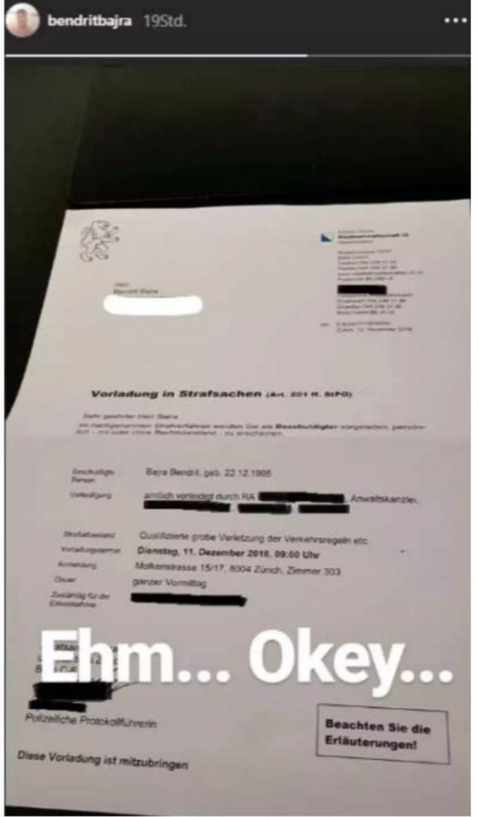 Dieses Bild seiner Vorladung hat Bendrit Bajra in seiner Story gepostet. Sein Kommentar dazu: «Ehm... Okey...» Bendrit