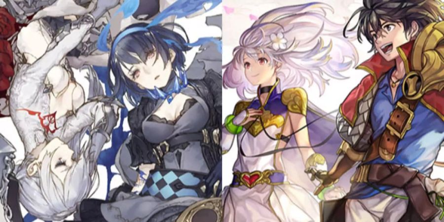 Einige Charaktere aus SINoALICE und Another Eden sind nebeneinander, auf zwei Fotos, aufgereiht.