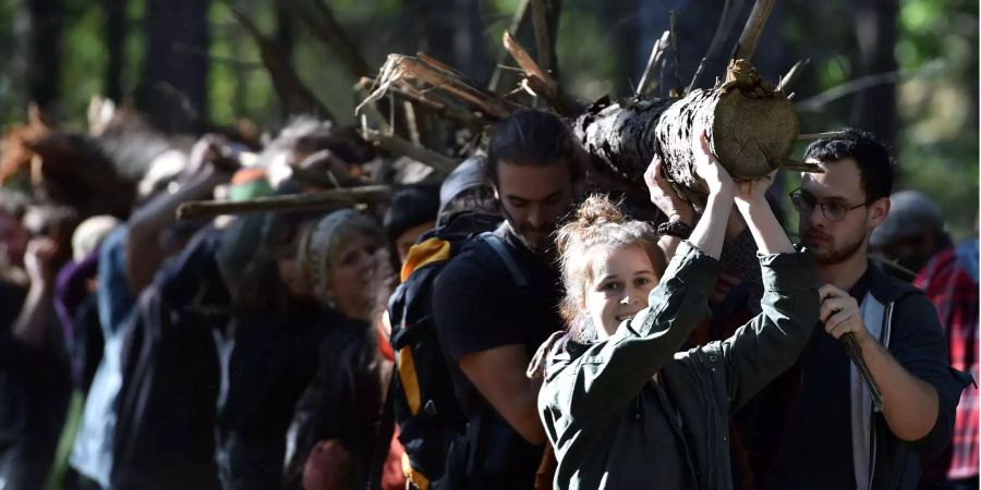 Teilnehmer bauen beim Protestspaziergang gegen die Rodung des Hambacher Forsts im Wald Neue Barrikaden aus Holz.