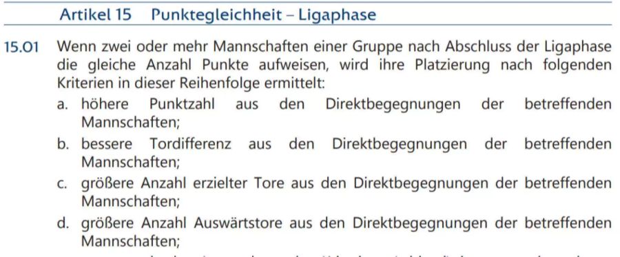 Das Reglement der Uefa besagt die Szenarien. Ist danach immer noch kein Sieger eruierbar, werden dieselben Punkte auf alle Spiele der Gruppenphase angewendet.