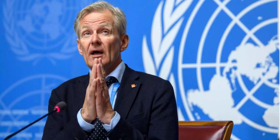 UN-Hilfskoordinator für Syrien, Jan Egeland, während einer Rede im Sitz der Vereinigten Nationen in Genf.