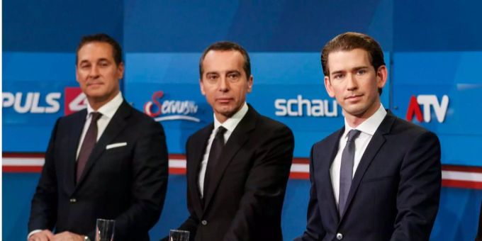 Vertreter der ÖVP, SPÖ und FPÖ (v.r.n.l.) in einem TV-Interview im Rahmen der Parlamentswahlen in Österreich. Vertreter der ÖVP, SPÖ und FPÖ (v.r.n.l.) in einem TV-Interview im Rahmen der Parlamentswahlen in Österreich.
