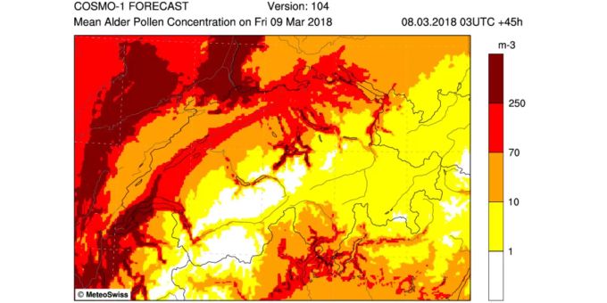 Prognose der Pollen-Konzentration der Erle für morgen Freitag (rot: stark, dunkelrot: sehr stark). Prognose der Pollen-Konzentration der Erle für morgen Freitag (rot: stark, dunkelrot: sehr stark).
