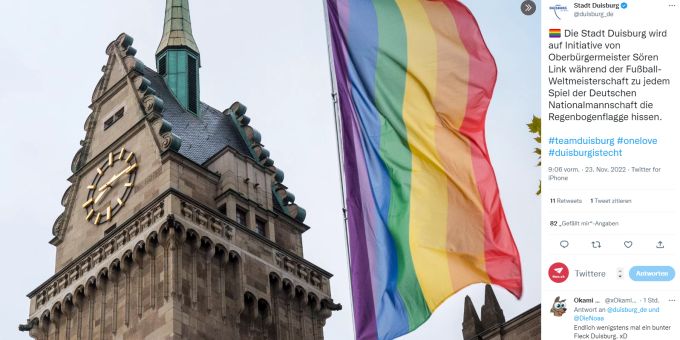 Die Stadt Duisburg hisst die Regenbogenflagge vor jedem WM-Spiel der deutschen Nationalmannschaft. Duisburg