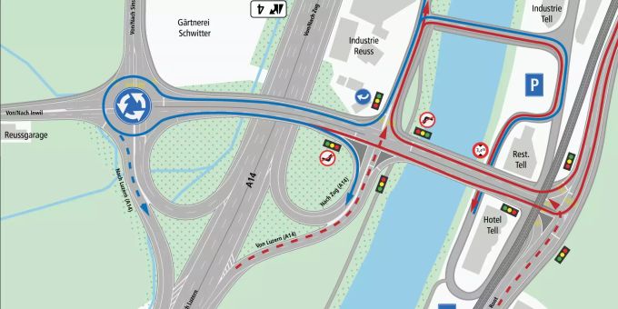 Umleitungen am Anschluss A14 Gisikon-Root Anschluss A14 Gisikon-Root