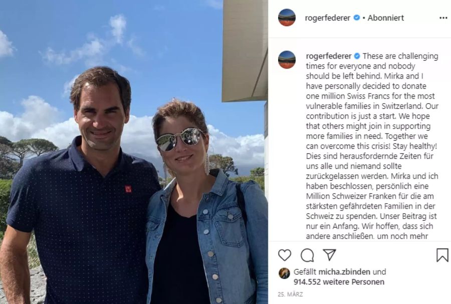 Mirka und Roger Federer haben erst vor kurzem eine Million Franken für bedürftige Familien gespendet.