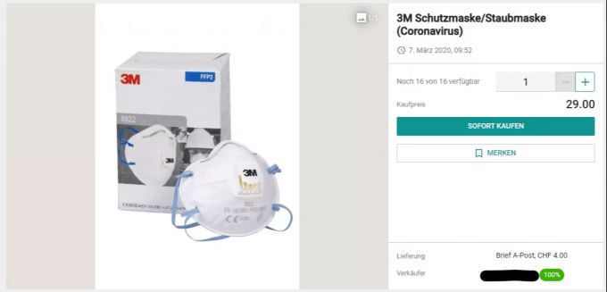 Ein 10er-Pack dieser Maske kostet sonst 29 Franken, ein Verkäufer verlangt pro Stück nun diesen Preis. Coronavirus