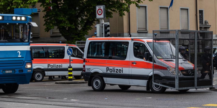 Gitterfahrzeuge und Wasserwerfer der Stapo Zürich.