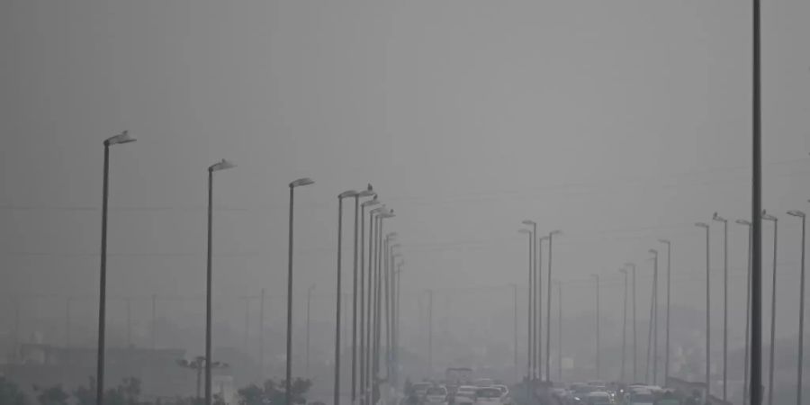 Dichter Smog über einer Strasse in Neu Delhi