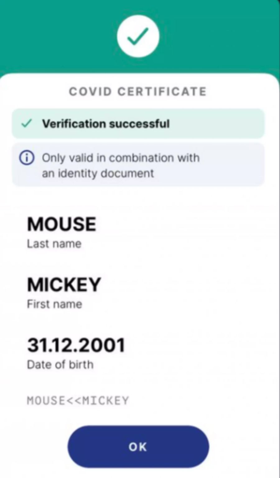 Ein Fake-Zertifikat für Mickey Mouse besteht die Prüfung mit der Covid-Certificate-App.