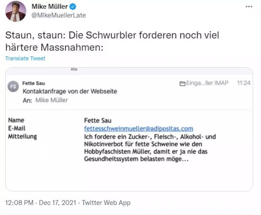 Mike Müller teilte eine Hass-Mail.