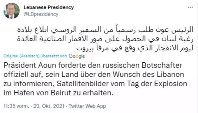 Original-Tweet des Präsidenten des Libanon mit Google-Übersetzung. Libanon