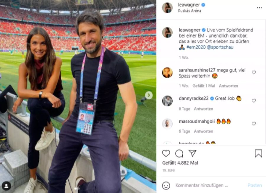 Lea Wagner mit ARD-Experte Thomas Broich an der Euro 2020 in Budapest.