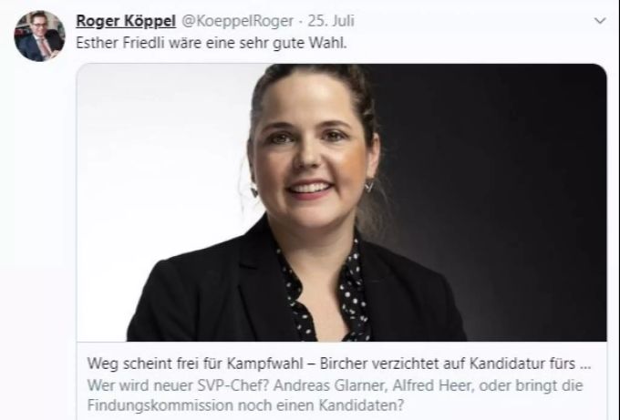 Roger Köppel, Vordenker der SVP, ist offensichtlich nicht zufrieden mit der bisherigen Auswahl. Roger Köppel Tweet Präsidium