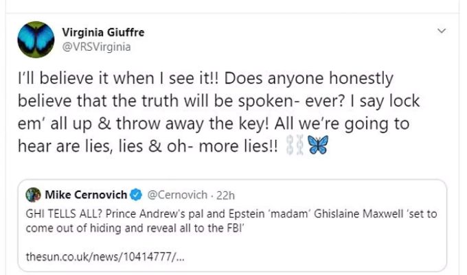Virginia Roberts (heute Giuffre) rastet auf Twitter aus. Prinz andrew