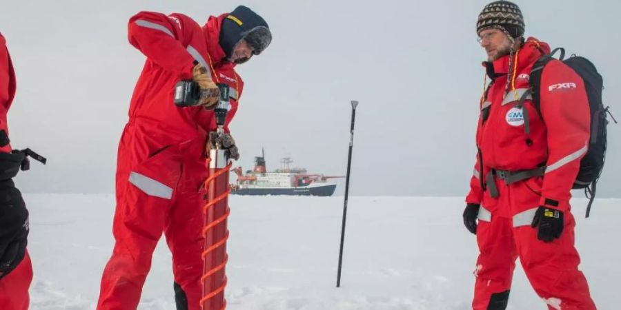 In Sichtweite des Forschungseisbrechers Polarstern untersuchen Wissenschaftler eine Eisscholle. Foto: Esther Horvath/Alfred-Wegener-Institut/dpa