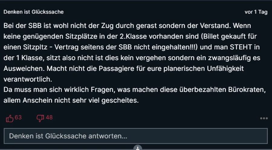Dieser Leser ist der Meinung, mit dem Ticket habe man auch Anspruch auf einen Sitzplatz.
