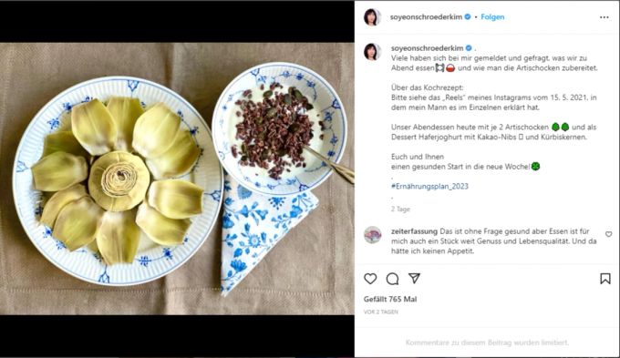 Je zwei Artischocken, Haferjogurt mit Kakao-Nibs und Kürbiskernen: Das ist das Abendessen von alt Kanzler Gerhard Schröder und seiner Frau Soyeon. Gerhard Schröder