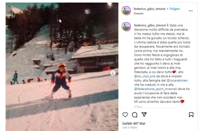 Der Rücktritts-Post des Ski-Alpin-Fahrers Federico Simoni. Ski Alpin