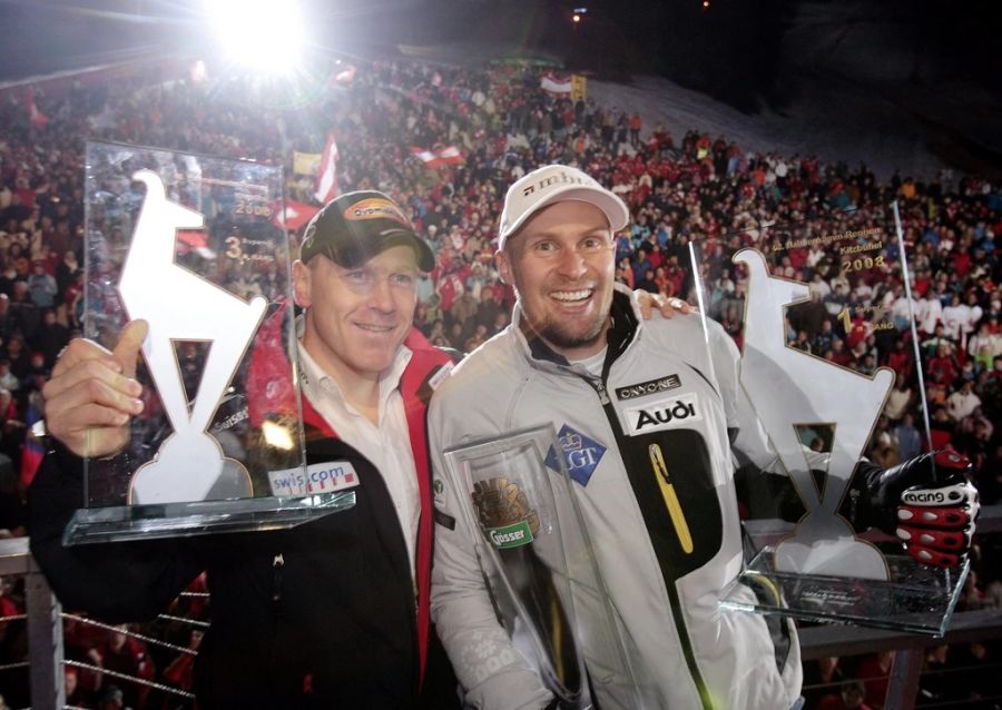 Einer davon 2008 in Kitzbühel, Didier Cuche (l.) wird Dritter.