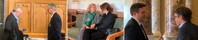 Kandidat Beat Jans wird kurz vor dem Hearing bei «Alliance f» durch einen Anruf unterbrochen (links), Pult-Lobbyistin Sandra Locher Benguerel beackert Greta Gysin (GPS/TI) und Jon Pult tuschelt mit Roger Nordmann (SP/VD). Jans Gysin Pult Nordmann