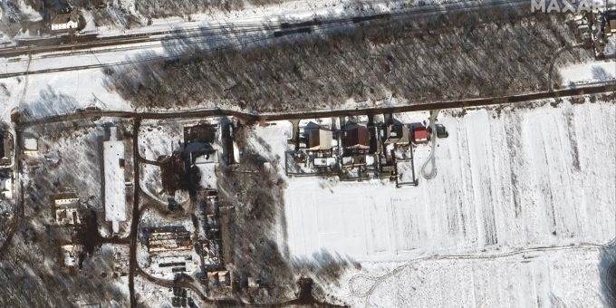 Russland, 20. Februar 2022. Satellitenaufnahme. Russian troops
