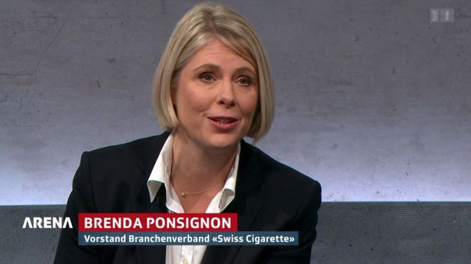 Tabak-Lobbyistin Brenda Ponsignon sagte in der «Arena»: «Wir verkaufen ein legales Produkt und hierfür dürfen wir Werbung betreiben.» Tabakwerbeverbot «Arena»